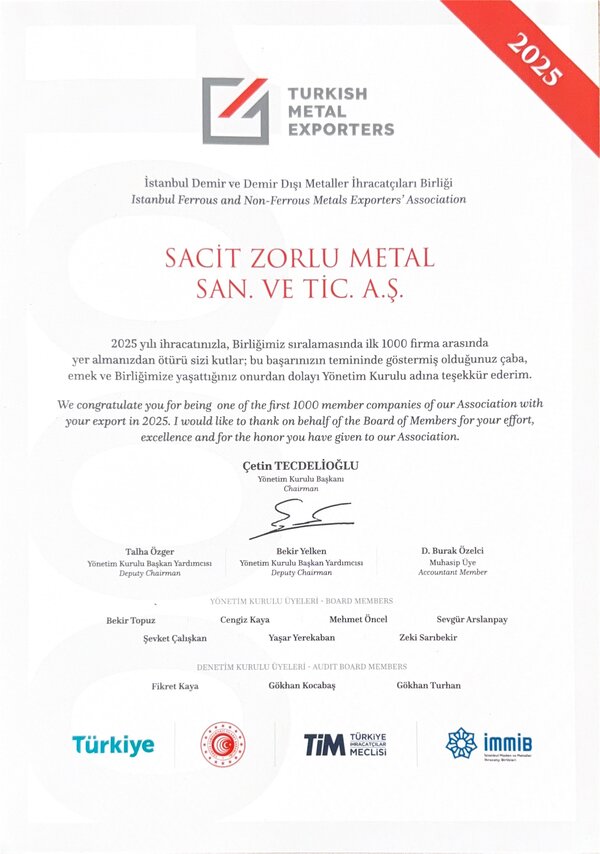Sacit Zorlu Metal İDDMİB 2025 ihracat belgesi